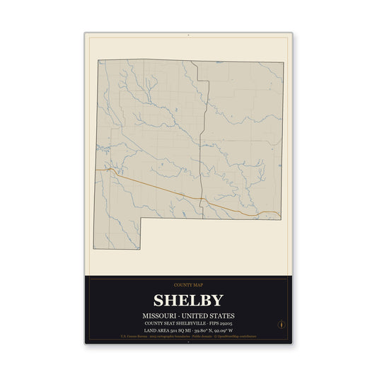 Shelby County, Missouri Map Aluminum Sign in Museum Plaque style