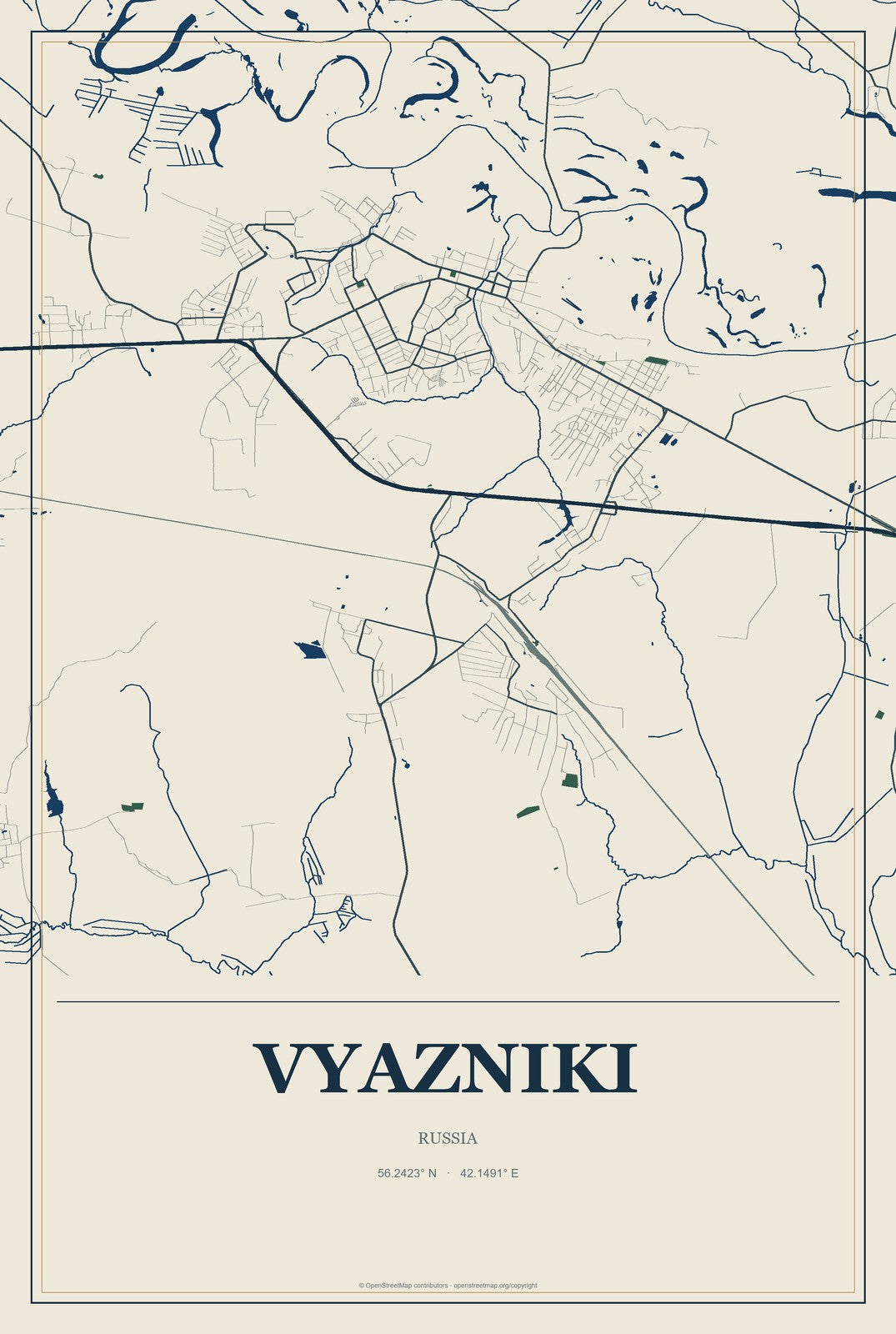 Vyazniki, Russia City Map Aluminum Sign in Coastal Cutout style