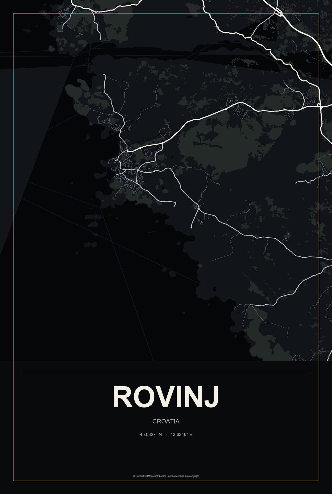 Rovinj, Croatia City Map Aluminum Sign in Metropolitan Noir style