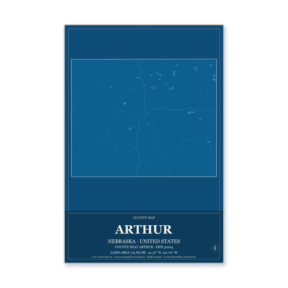 Arthur County, Nebraska Map Aluminum Sign in Harbor Cobalt style