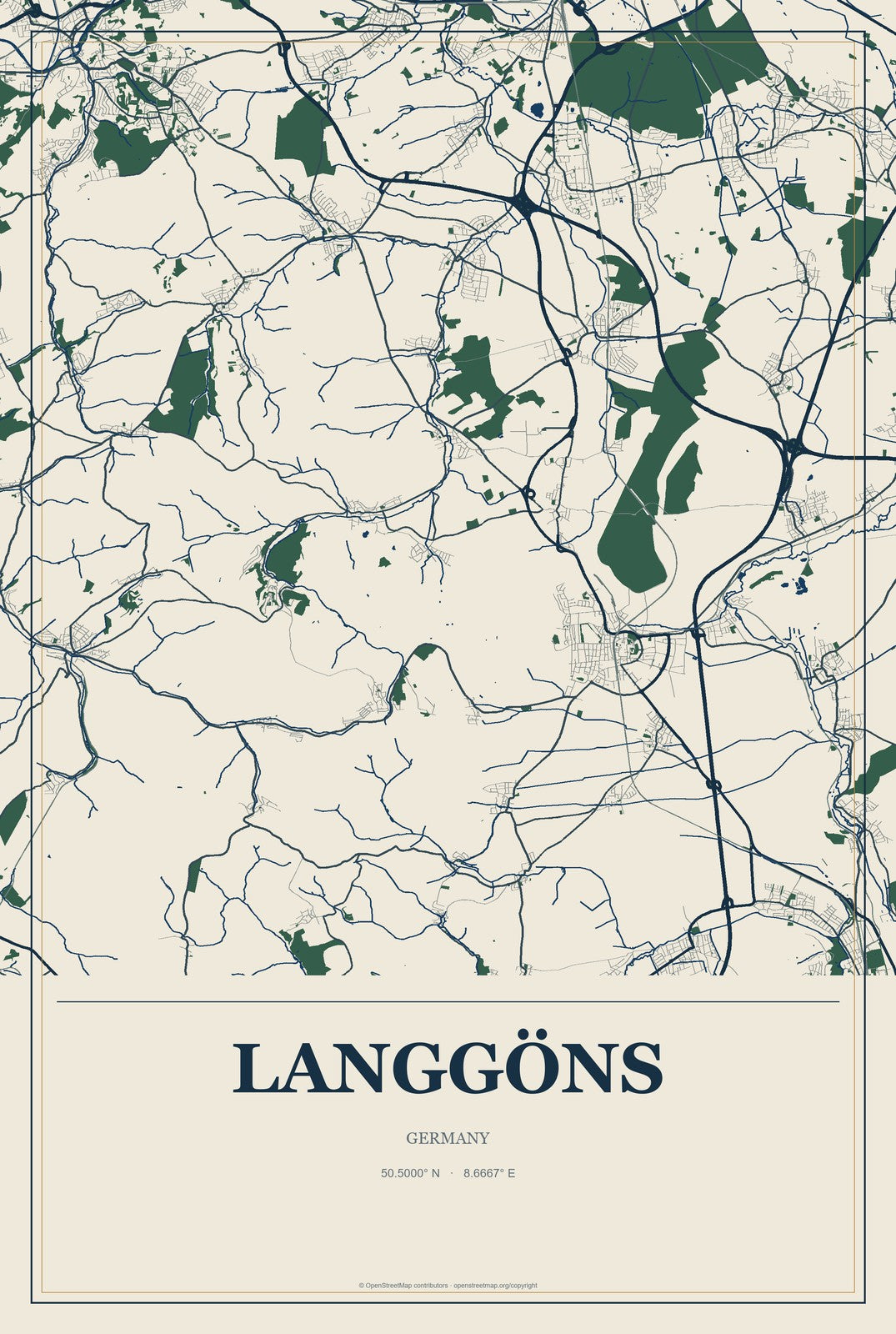 Langgöns, Germany City Map Aluminum Sign in Coastal Cutout style