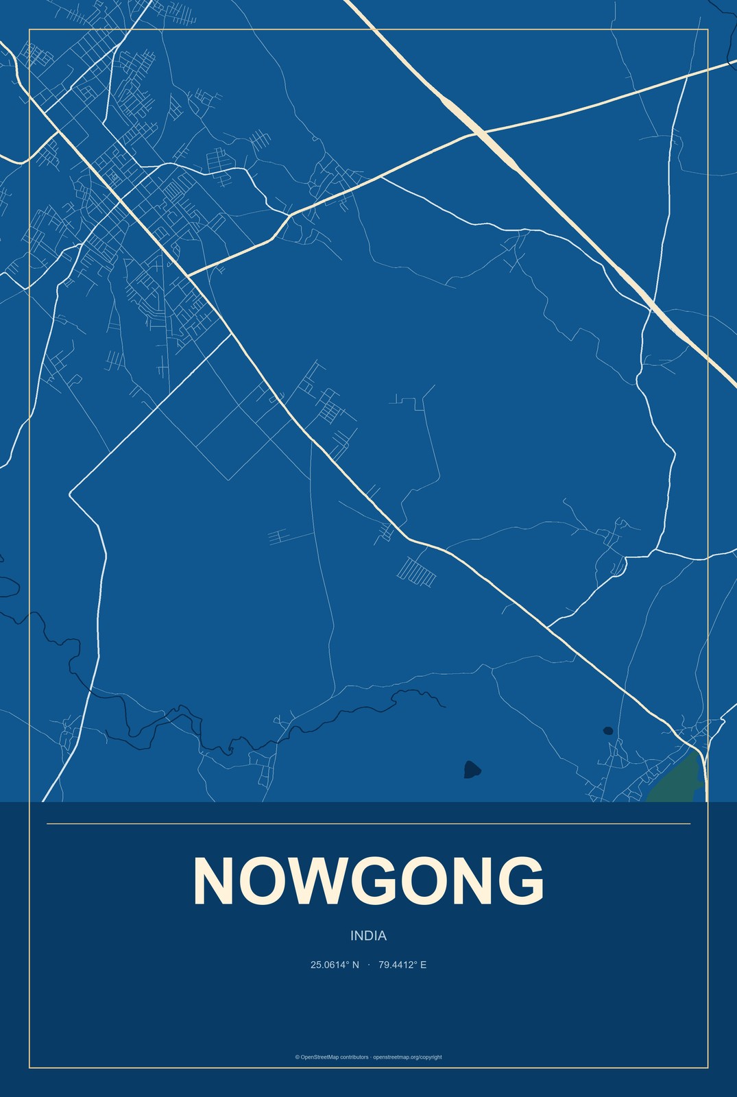 Nowgong, India City Map Aluminum Sign in Harbor Cobalt style