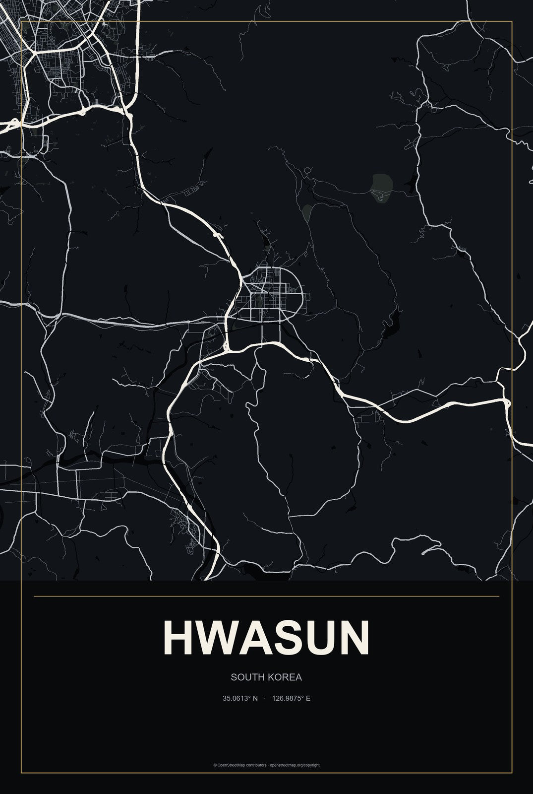 Hwasun, South Korea City Map Aluminum Sign in Metropolitan Noir style