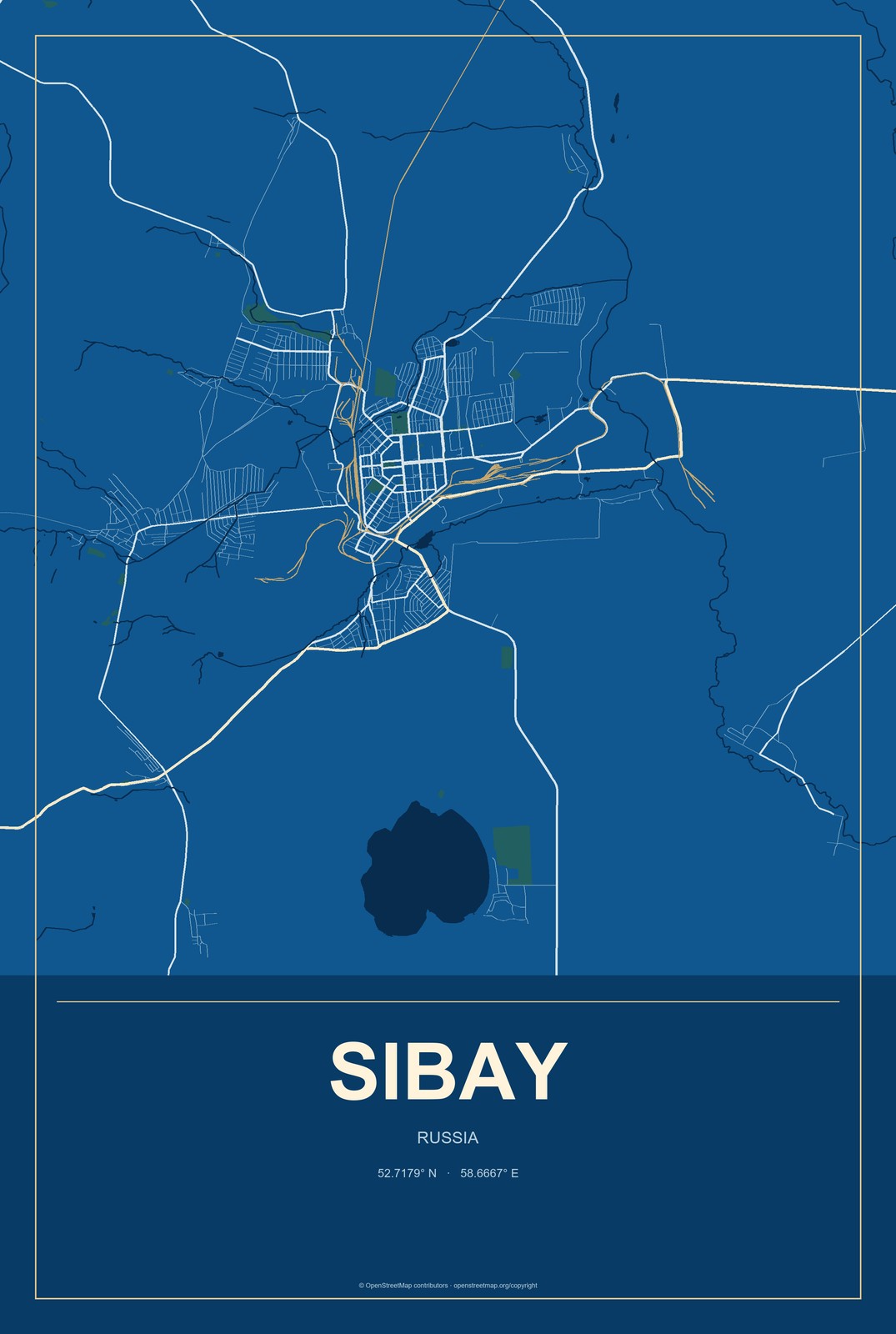 Sibay, Russia City Map Aluminum Sign in Harbor Cobalt style