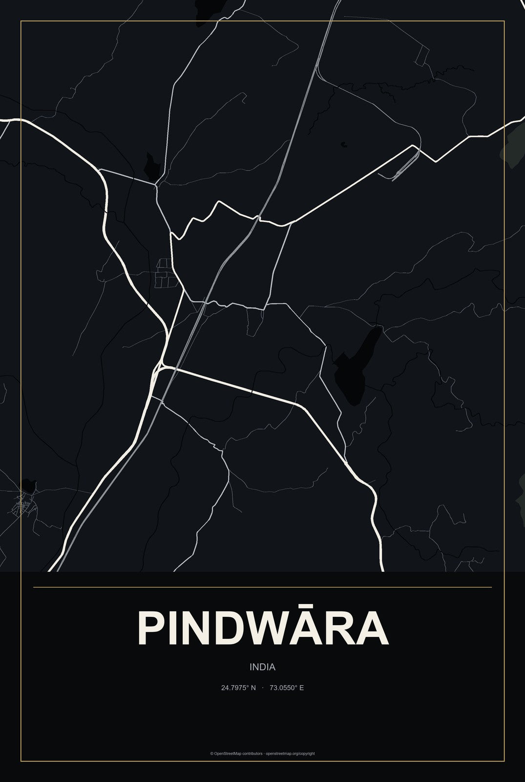 Pindwāra, India City Map Aluminum Sign in Metropolitan Noir style