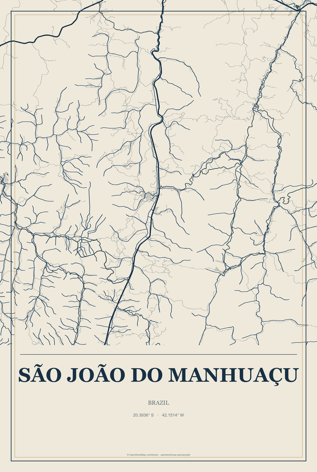 São João do Manhuaçu, Brazil City Map Aluminum Sign in Coastal Cutout style