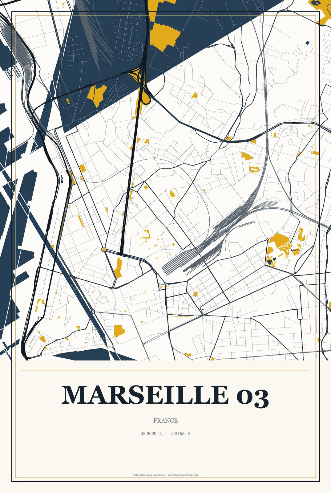Marseille 03, France City Map Aluminum Sign in Citrine Modern style