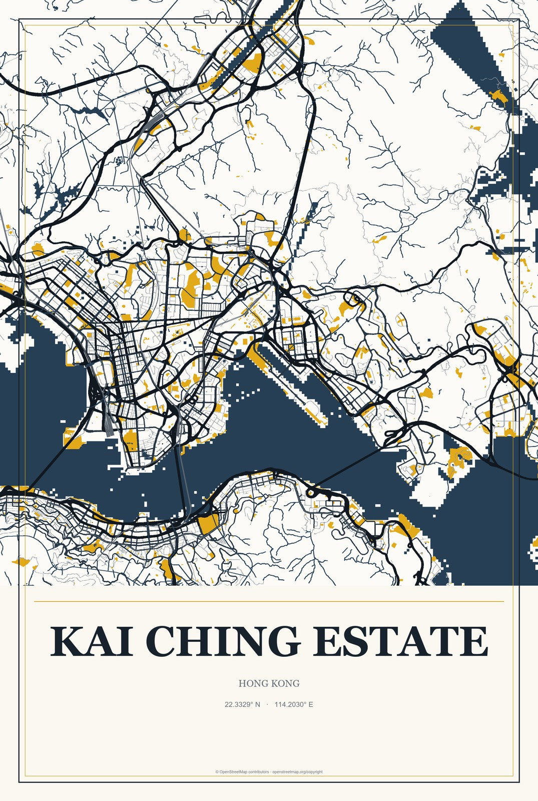 Kai Ching Estate, Hong Kong City Map Aluminum Sign in Citrine Modern style