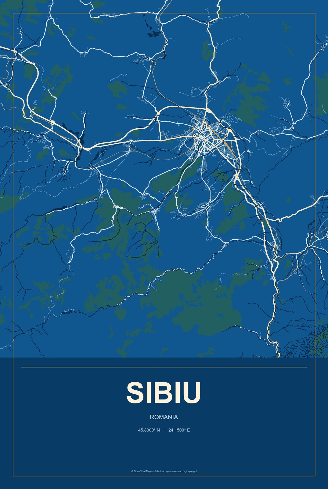 Sibiu, Romania City Map Aluminum Sign in Harbor Cobalt style