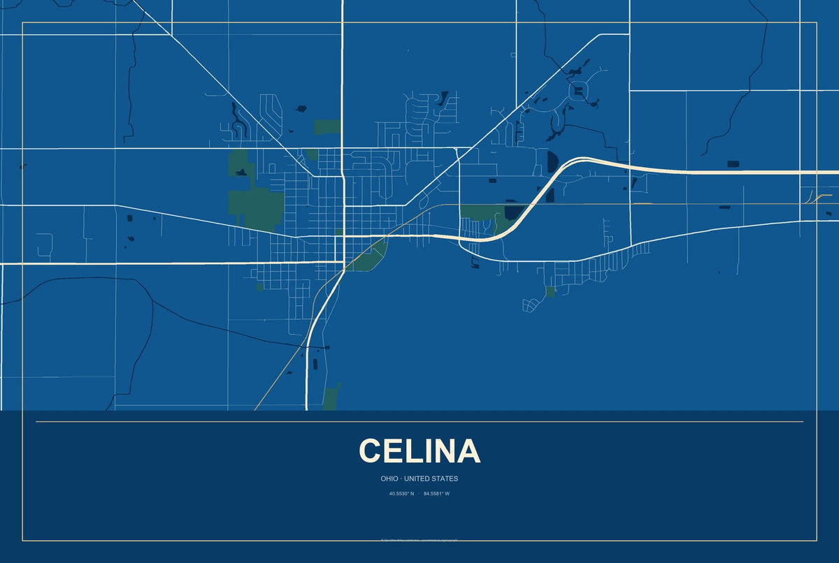 Celina, Ohio City Map Aluminum Sign in Harbor Cobalt style