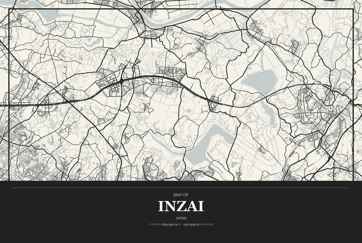 Inzai, Japan City Map Aluminum Sign in Museum Plaque style