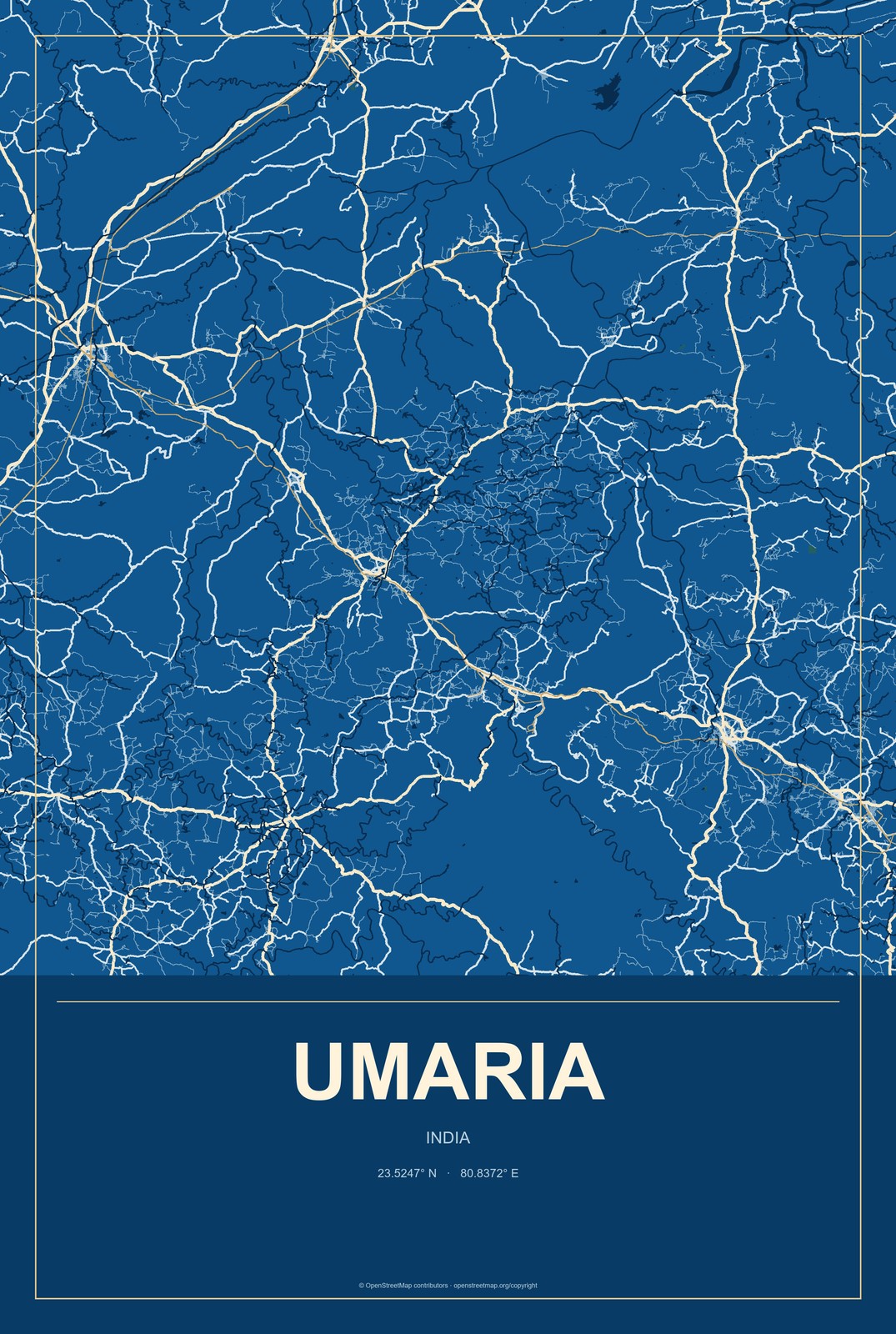 Umaria, India City Map Aluminum Sign in Harbor Cobalt style