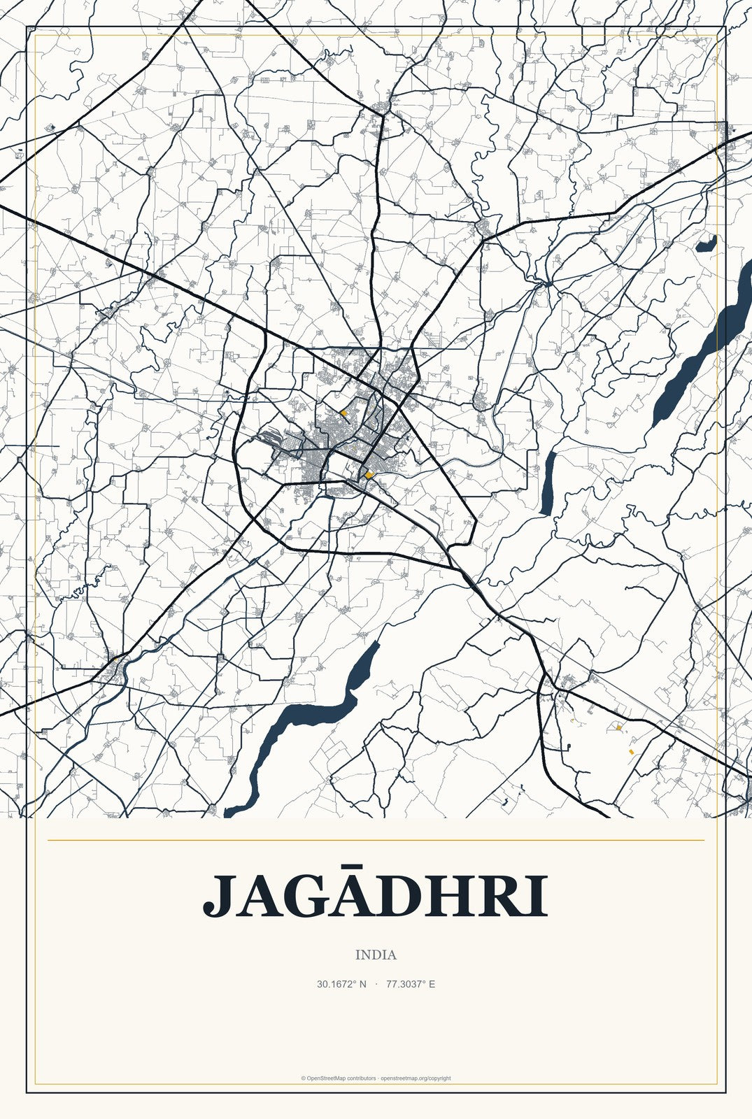 Jagādhri, India City Map Aluminum Sign in Citrine Modern style