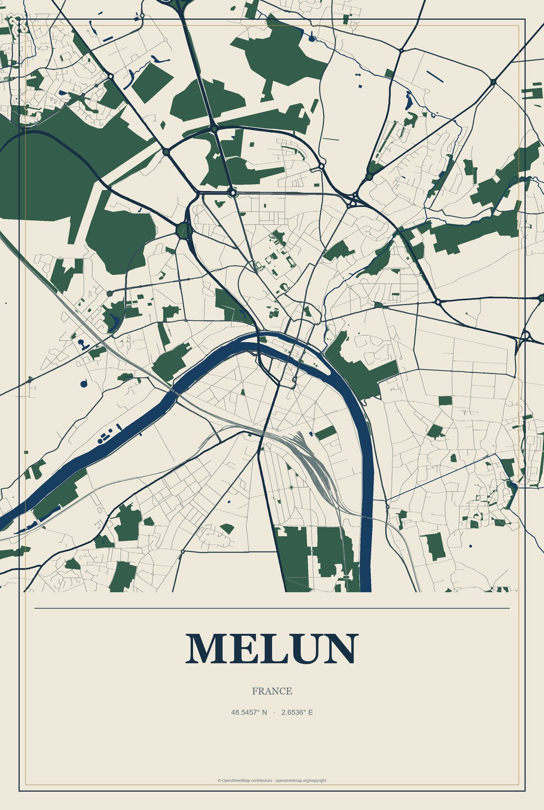Melun, France City Map Aluminum Sign in Coastal Cutout style