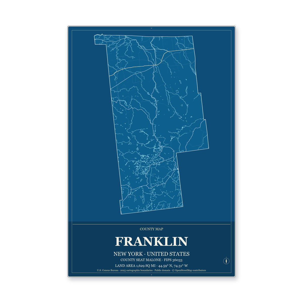 Franklin County, New York Map Aluminum Sign in Harbor Cobalt style