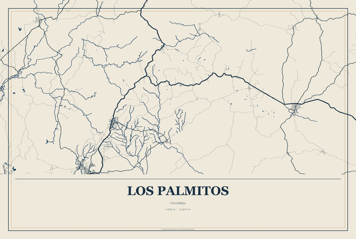 Los Palmitos, Colombia City Map Aluminum Sign in Coastal Cutout style
