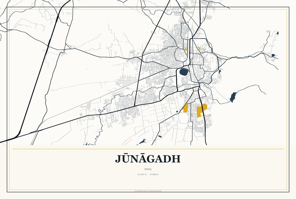 Jūnāgadh, India City Map Aluminum Sign in Citrine Modern style