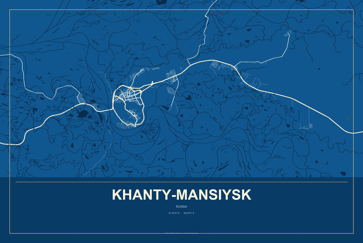 Khanty-Mansiysk, Russia City Map Aluminum Sign in Harbor Cobalt style