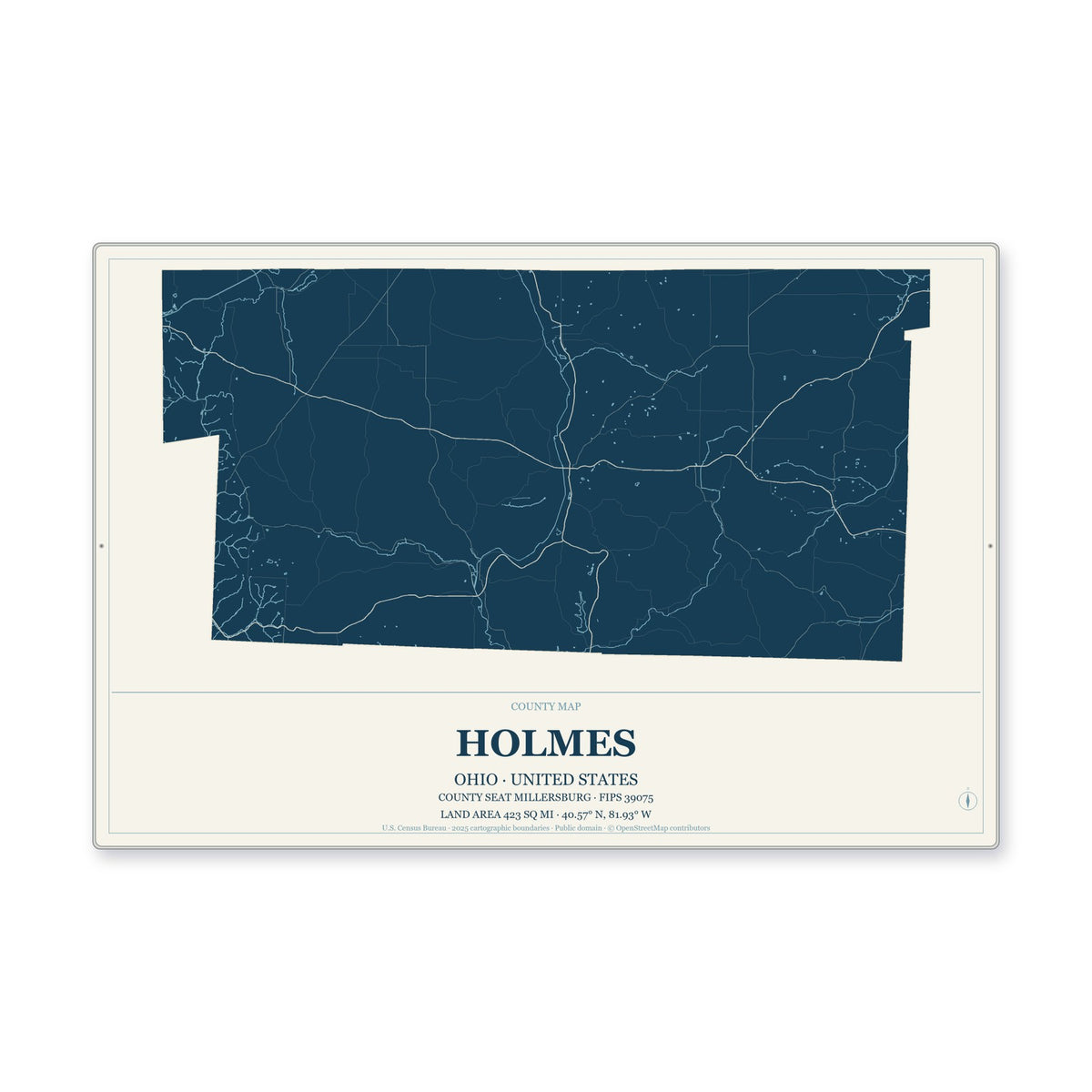 Holmes County, Ohio Map Aluminum Sign in Coastal Cutout style