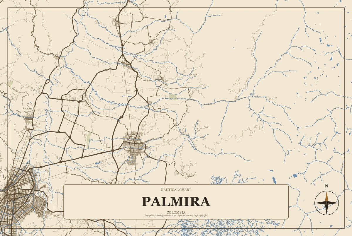 Palmira, Colombia City Map Aluminum Sign in Heritage Nautical style