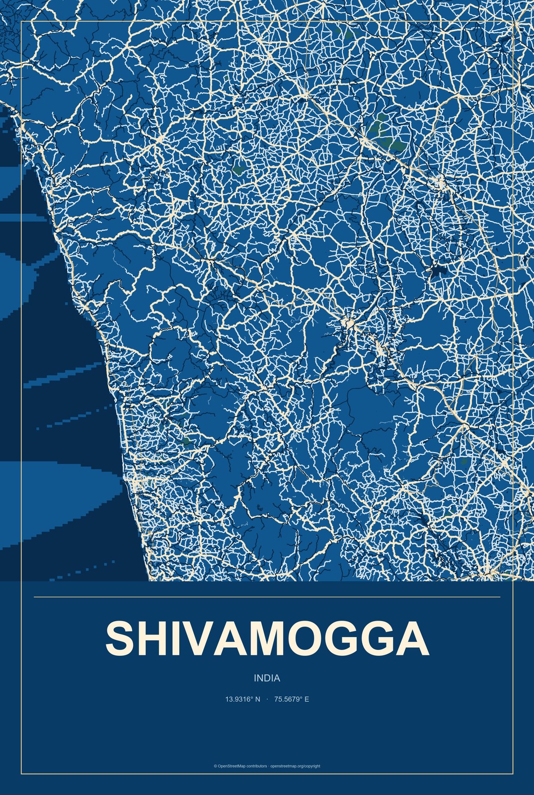 Shivamogga, India City Map Aluminum Sign in Harbor Cobalt style