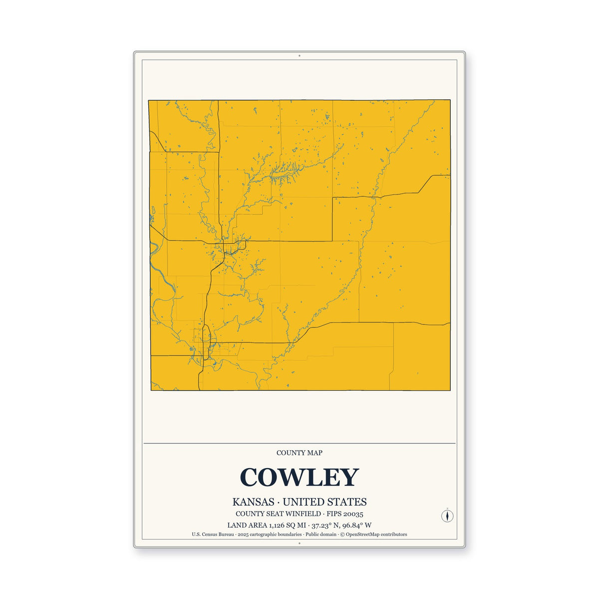 Cowley County, Kansas Map Aluminum Sign in Citrine Modern style