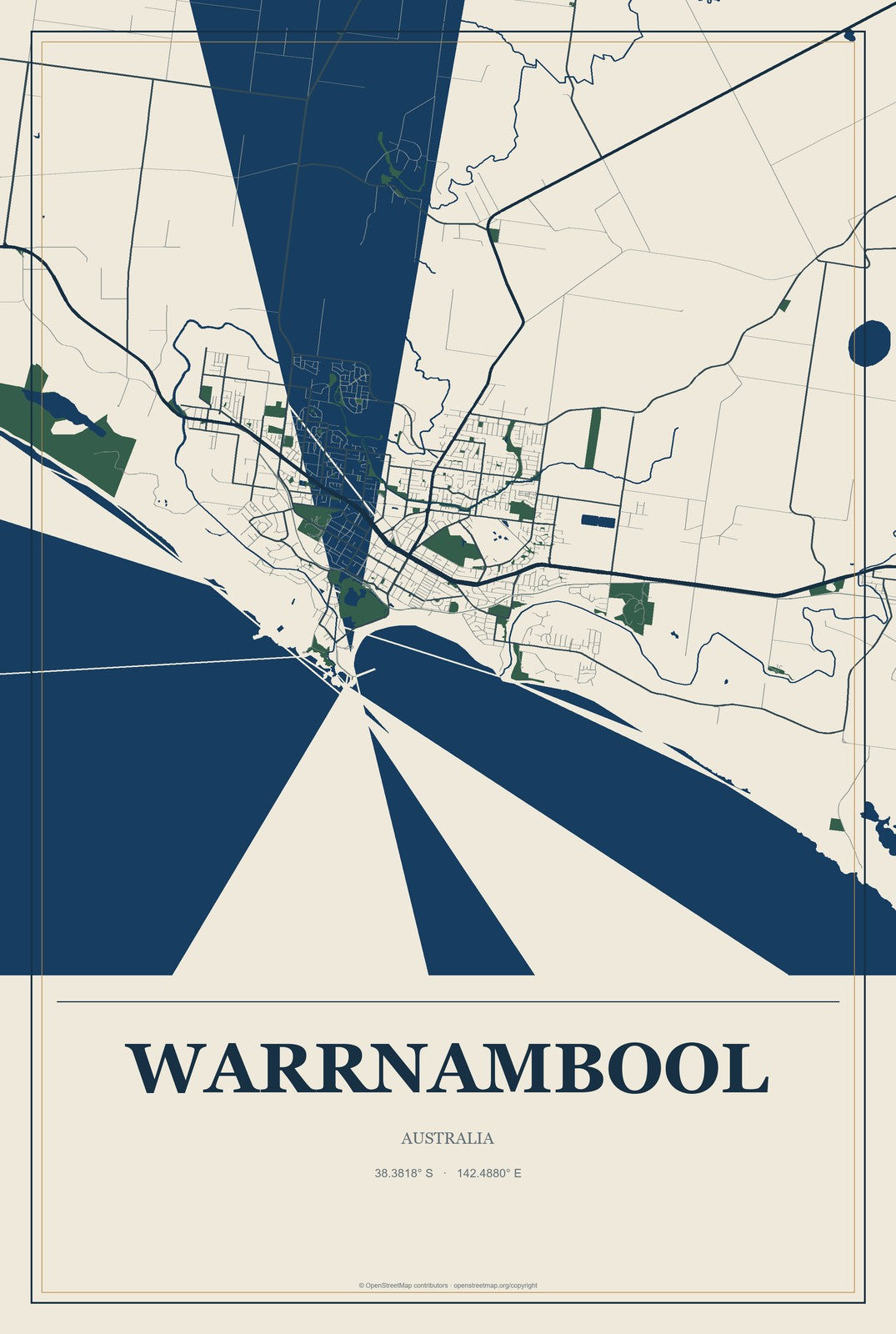 Warrnambool, Australia City Map Aluminum Sign in Coastal Cutout style