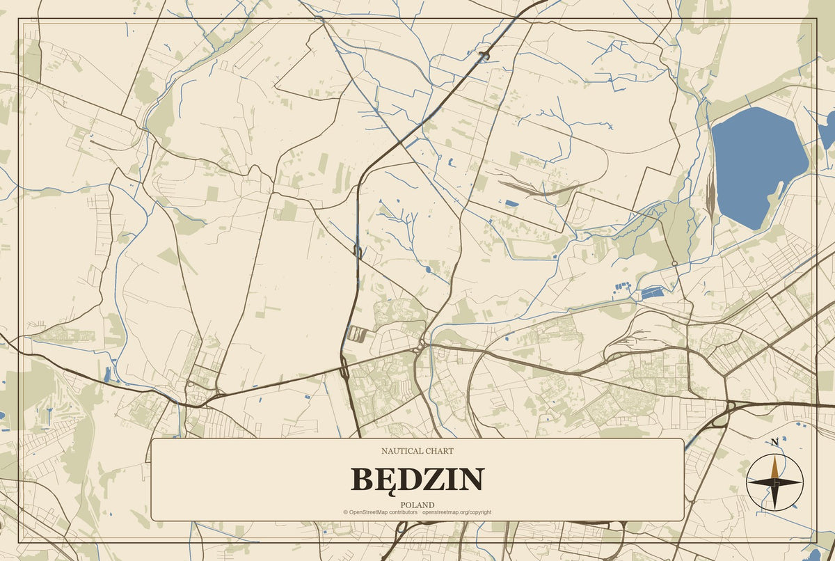 Będzin, Poland City Map Aluminum Sign in Heritage Nautical style