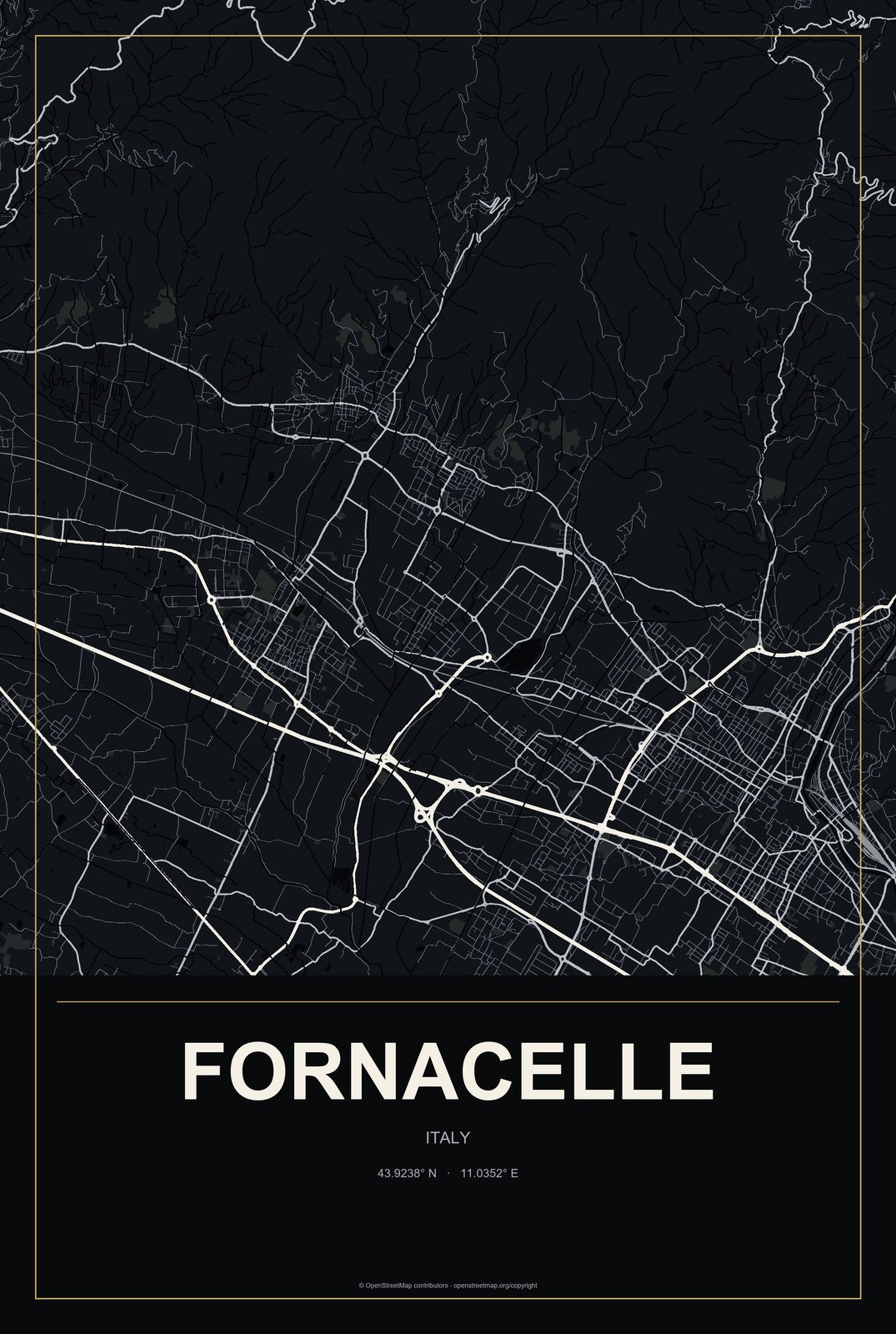 Fornacelle, Italy City Map Aluminum Sign in Metropolitan Noir style