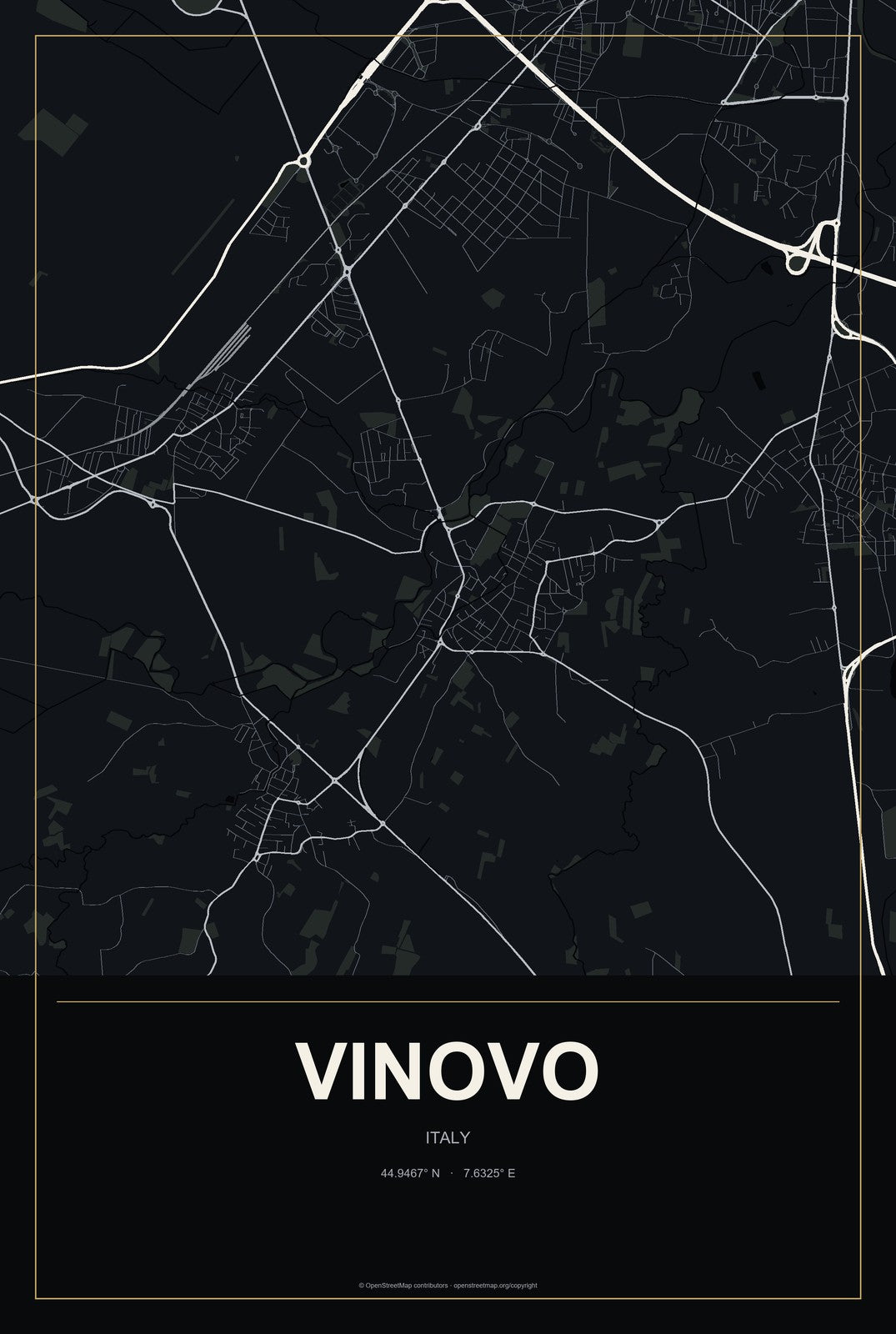 Vinovo, Italy City Map Aluminum Sign in Metropolitan Noir style