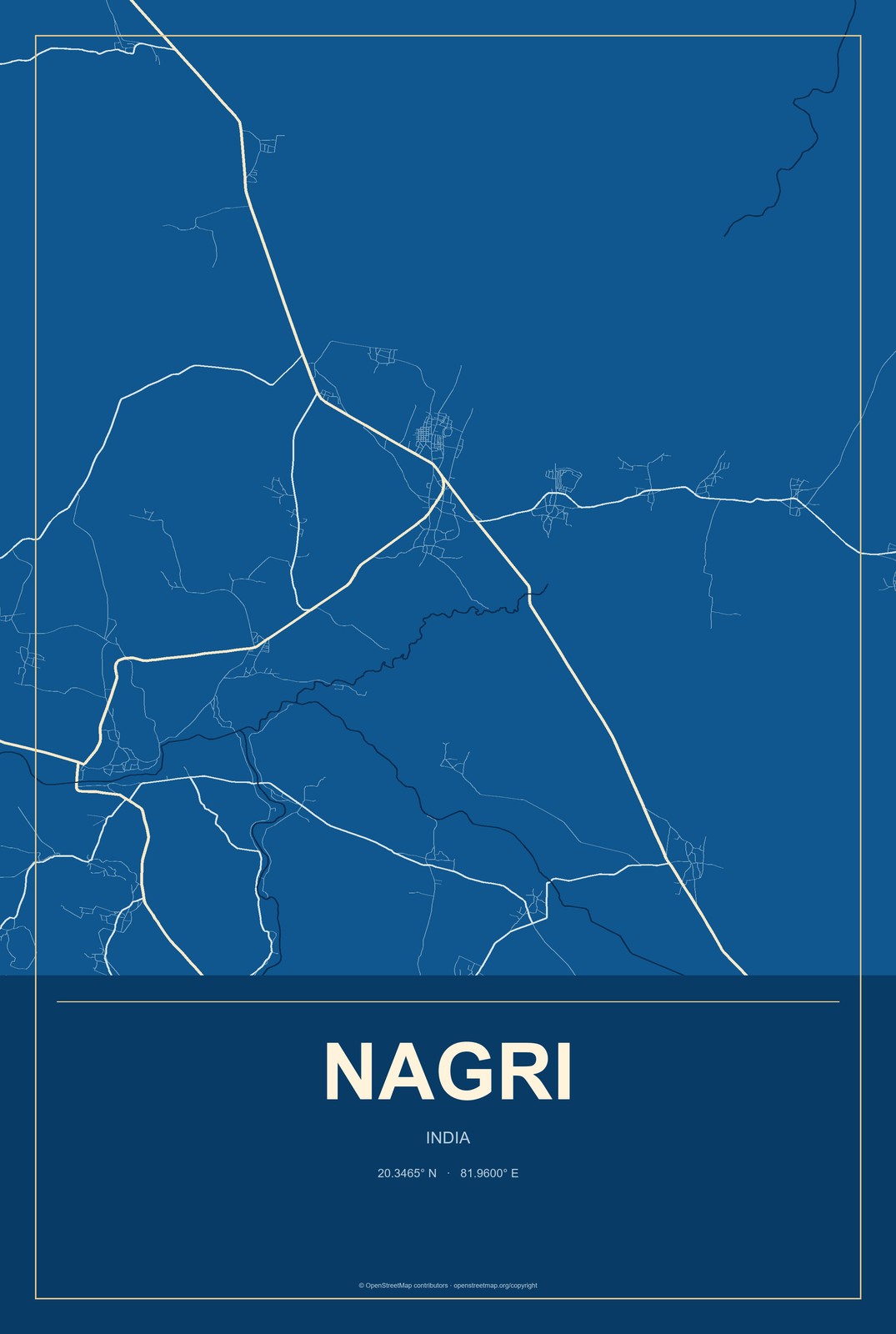 Nagri, India City Map Aluminum Sign in Harbor Cobalt style