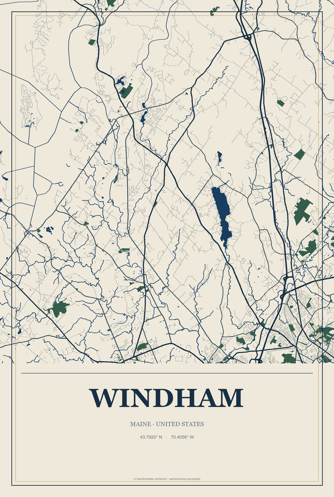 Windham, Maine City Map Aluminum Sign in Coastal Cutout style