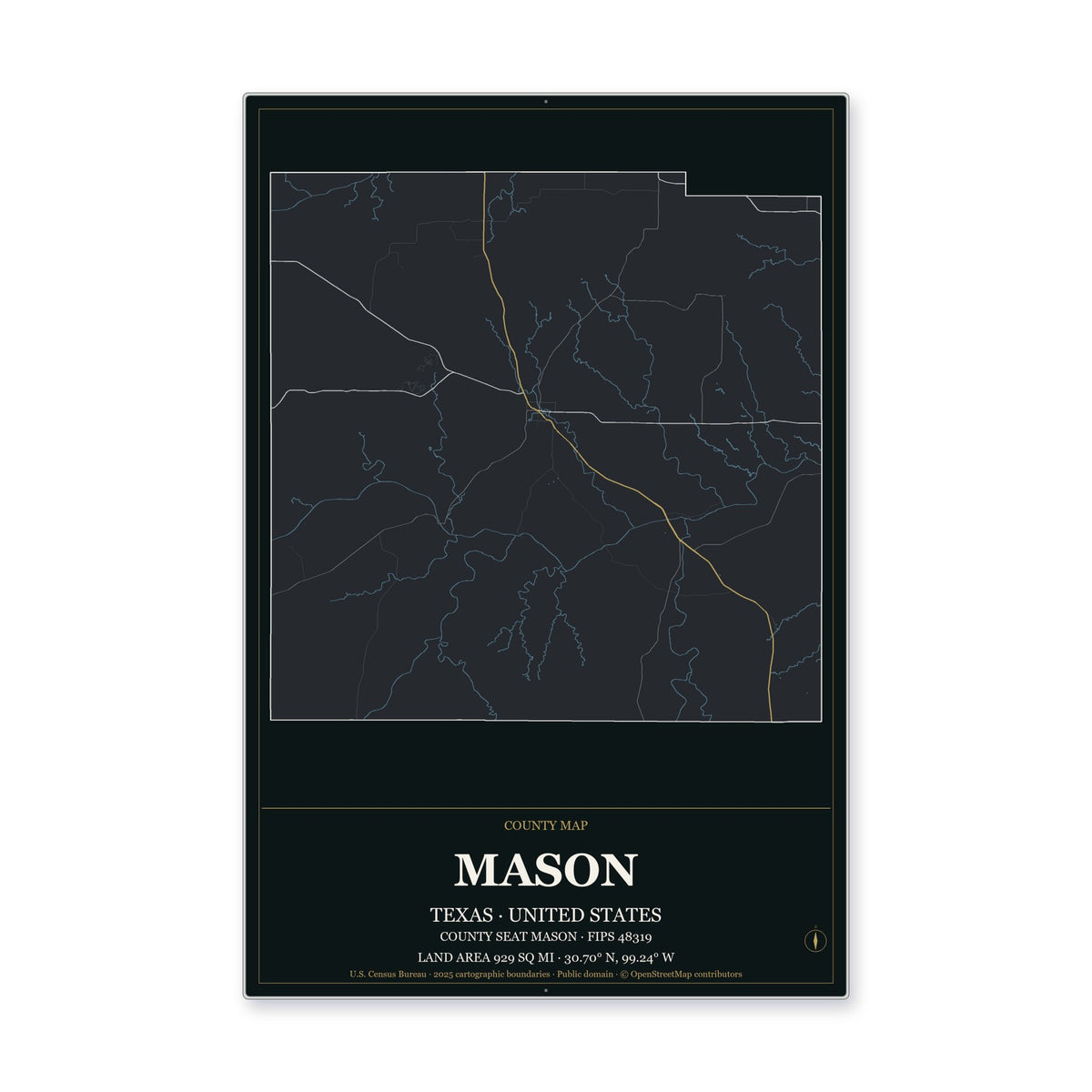 Mason County, Texas Map Aluminum Sign in Metropolitan Noir style