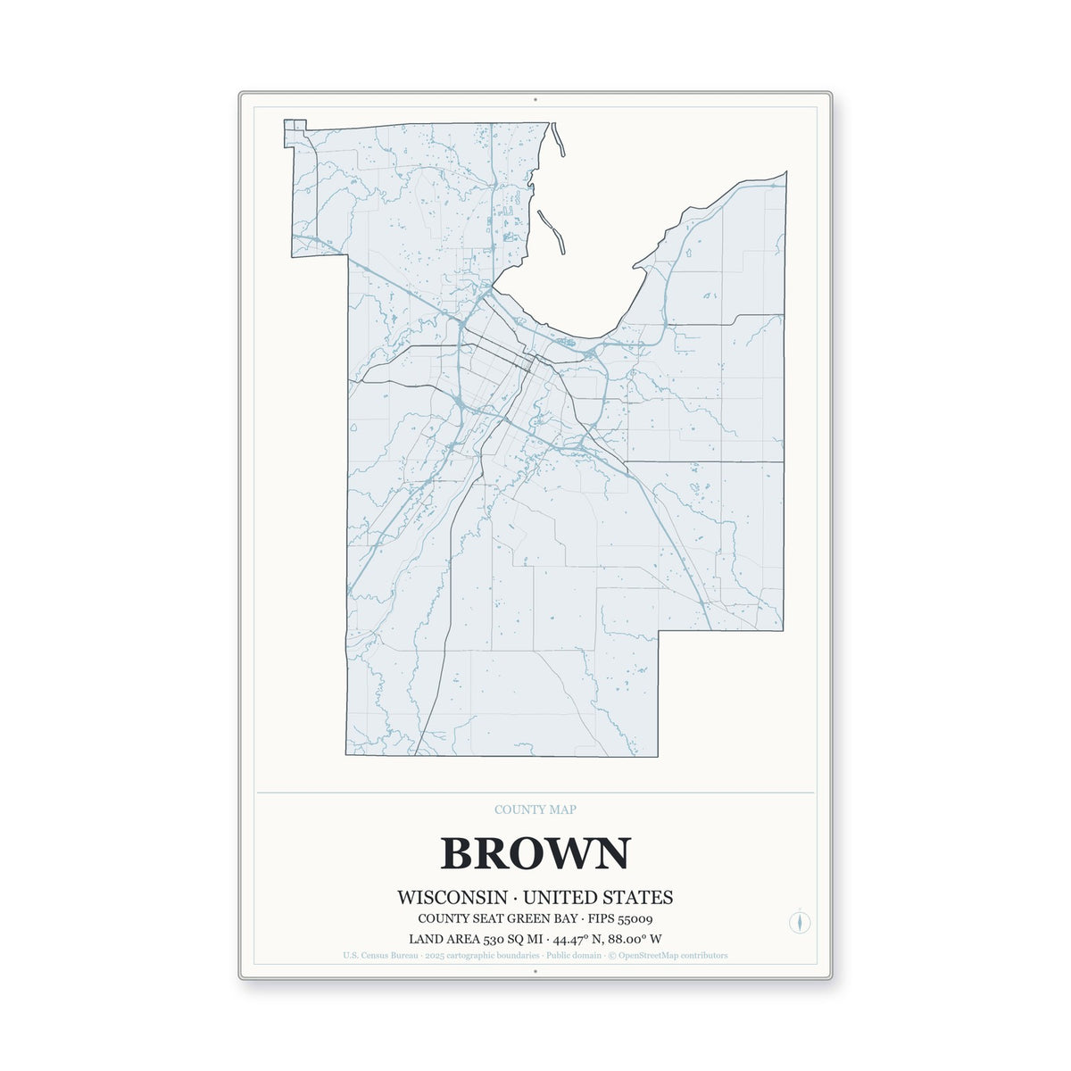 Brown County, Wisconsin Map Aluminum Sign in Gallery Air style