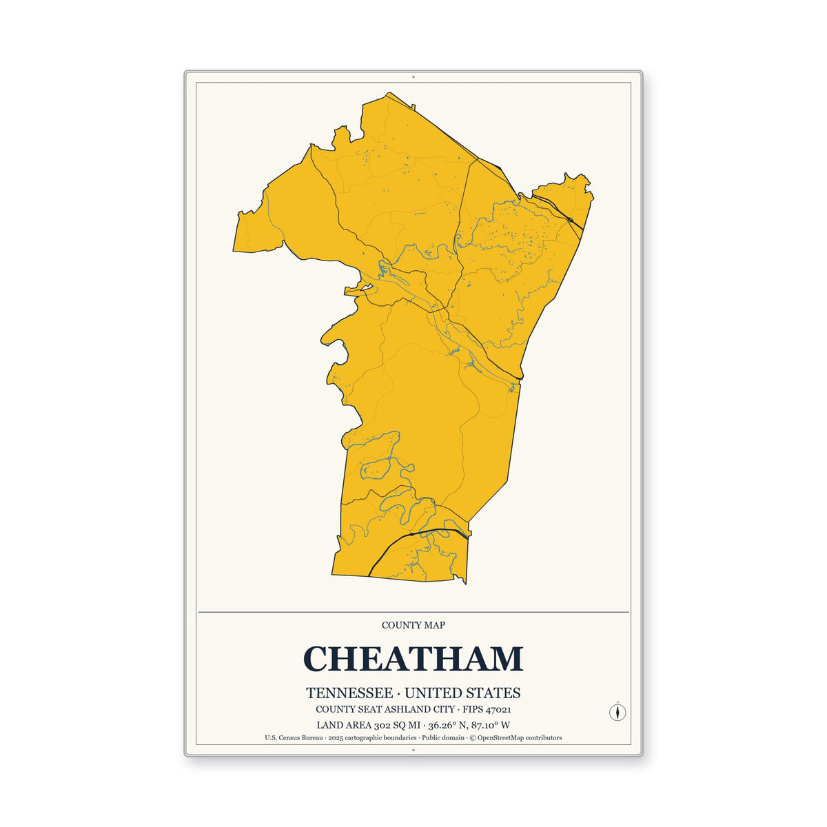 Cheatham County, Tennessee Map Aluminum Sign in Citrine Modern style