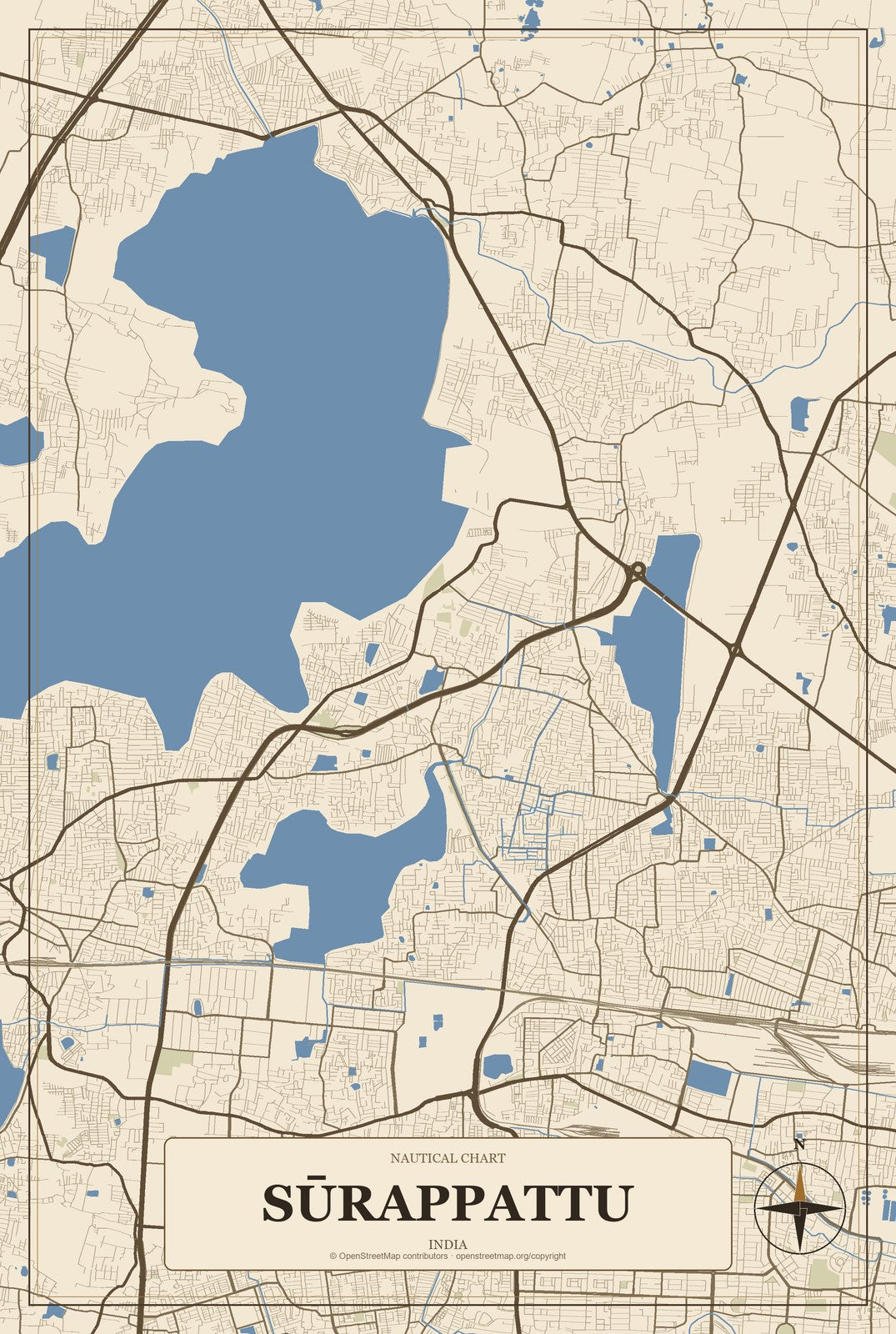 Sūrappattu, India City Map Aluminum Sign in Heritage Nautical style