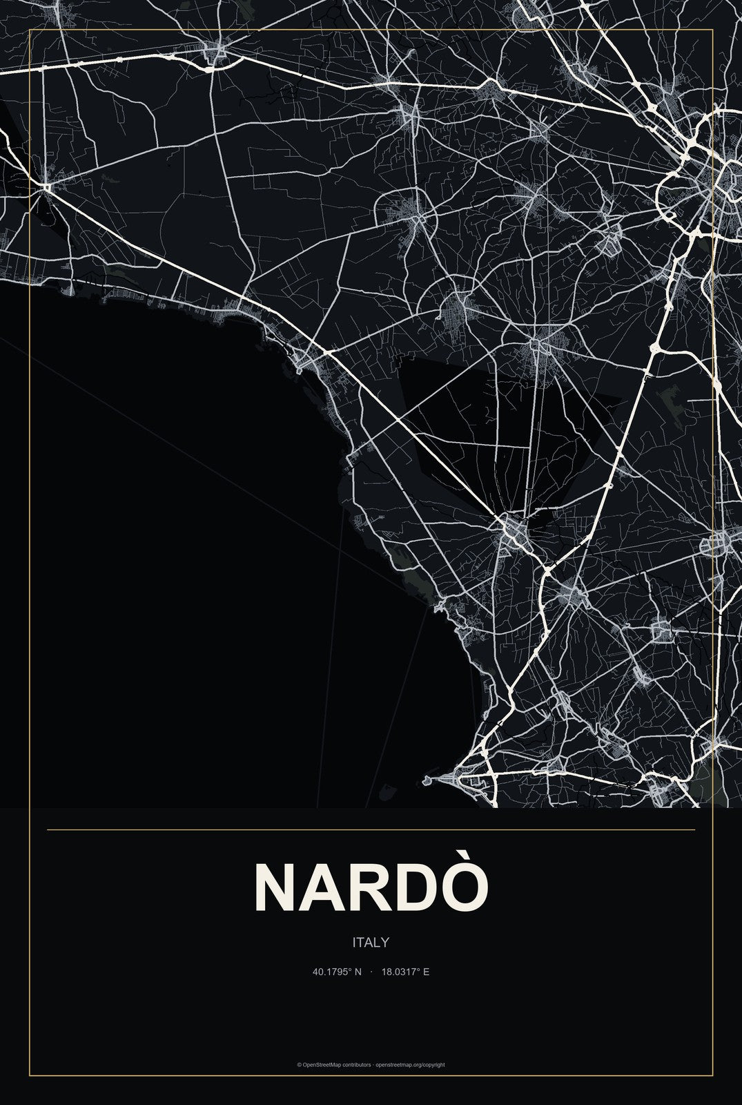 Nardò, Italy City Map Aluminum Sign in Metropolitan Noir style