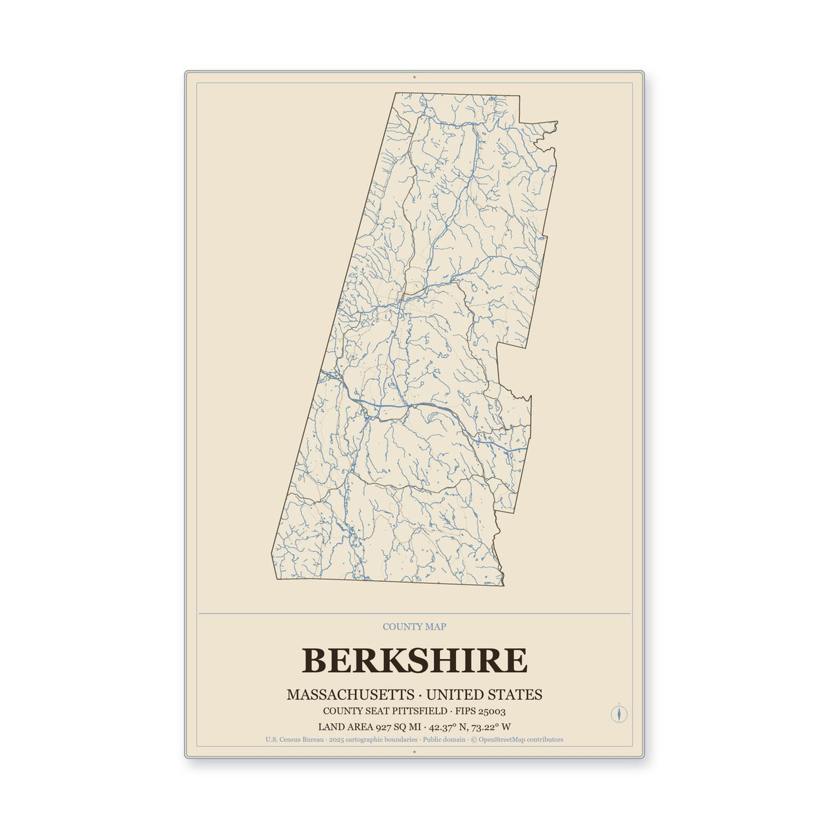 Berkshire County, Massachusetts Map Aluminum Sign in Heritage Nautical style