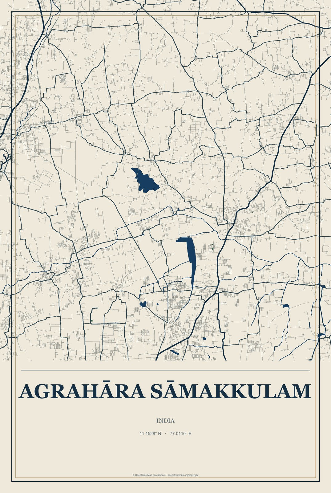 Agrahāra Sāmakkulam, India City Map Aluminum Sign in Coastal Cutout style