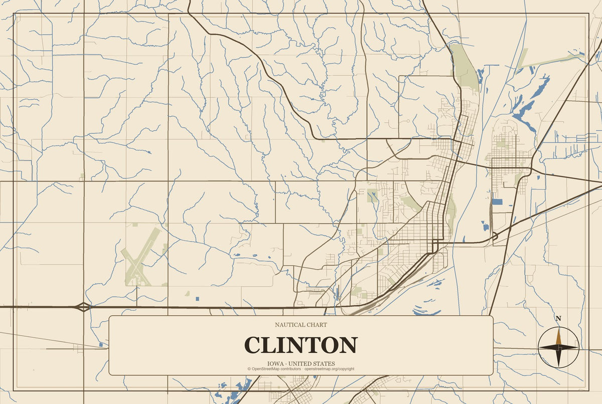 Clinton, Iowa City Map Aluminum Sign in Heritage Nautical style