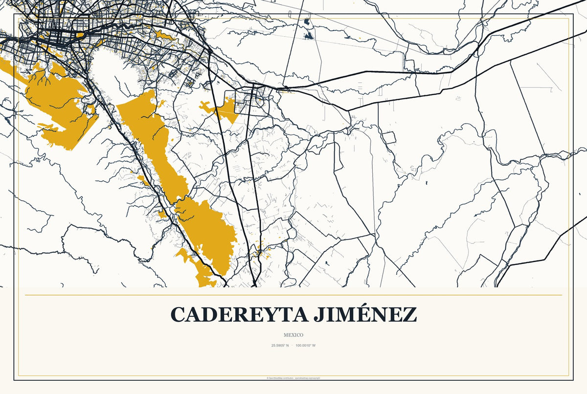 Cadereyta Jiménez, Mexico City Map Aluminum Sign in Citrine Modern style