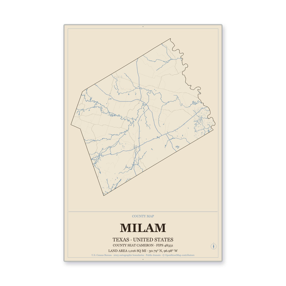 Milam County, Texas Map Aluminum Sign in Heritage Nautical style