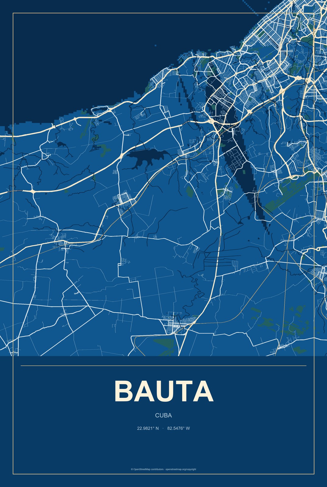 Bauta, Cuba City Map Aluminum Sign in Harbor Cobalt style