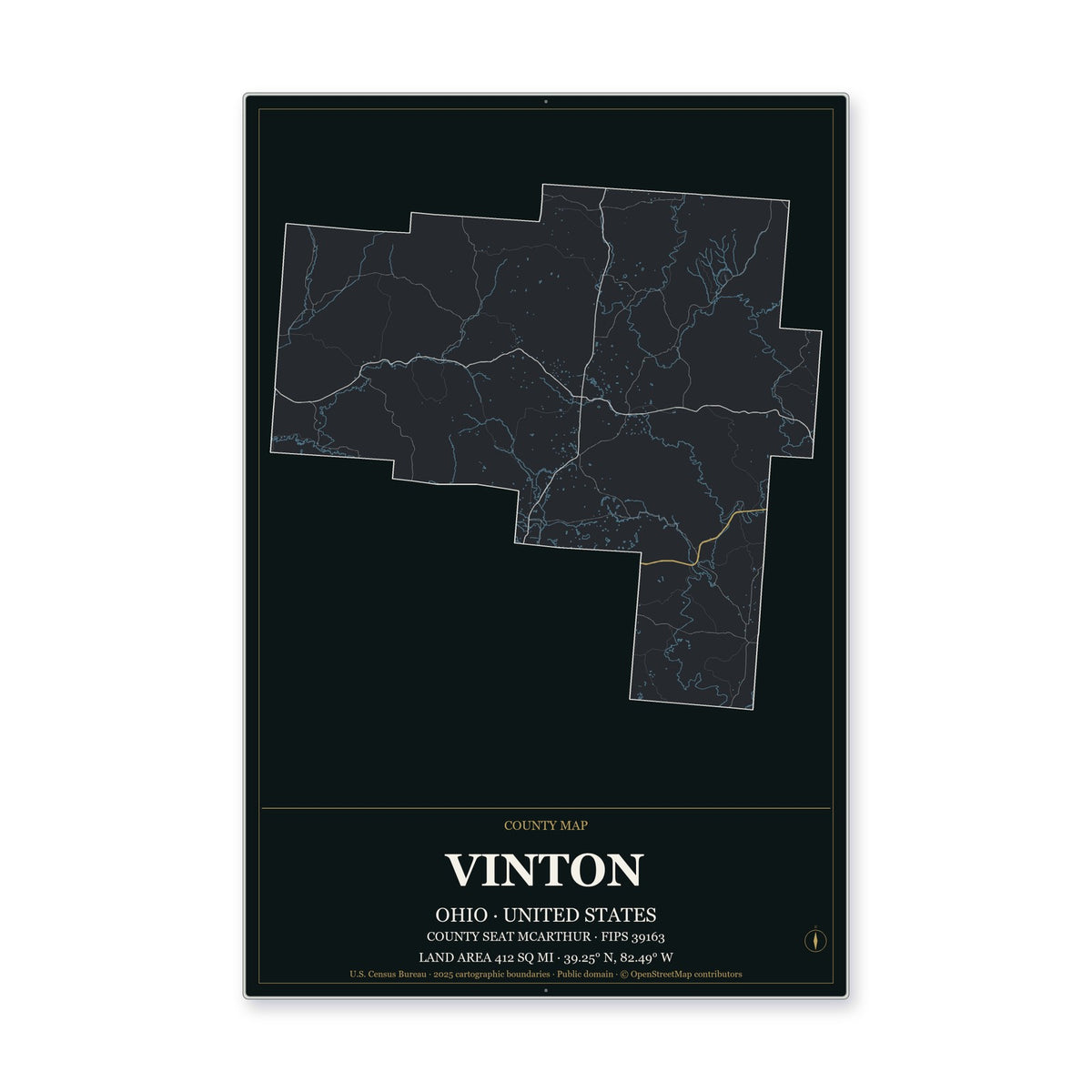 Vinton County, Ohio Map Aluminum Sign in Metropolitan Noir style