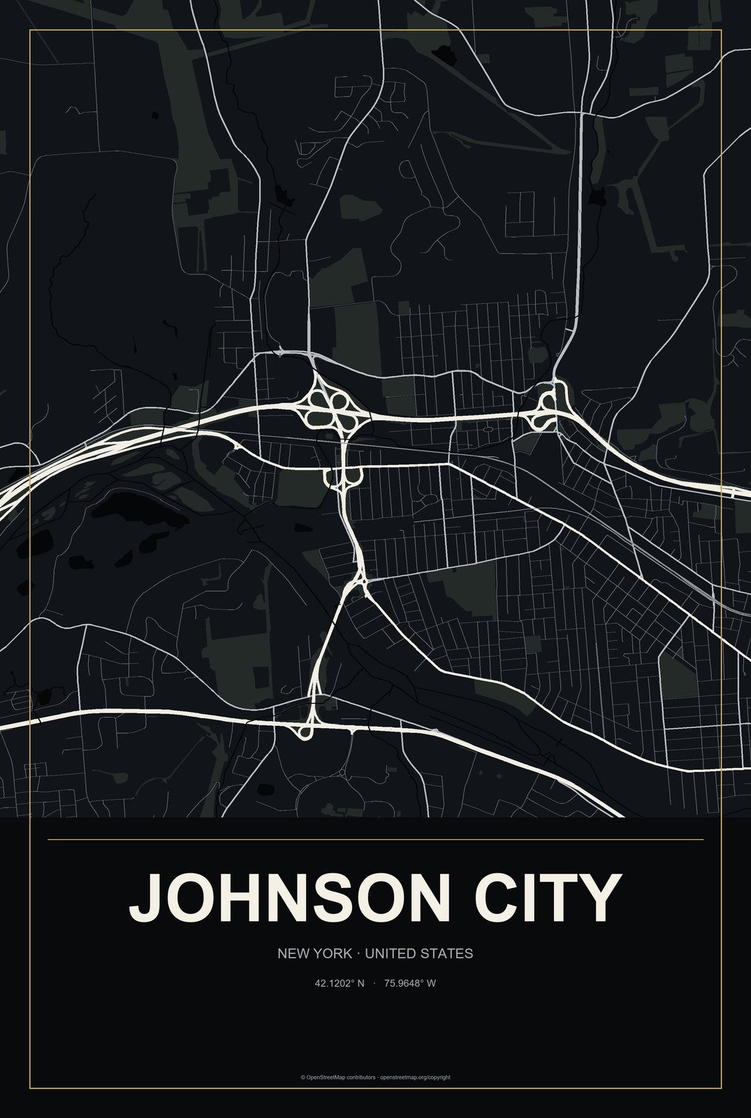Johnson City, New York City Map Aluminum Sign in Metropolitan Noir style
