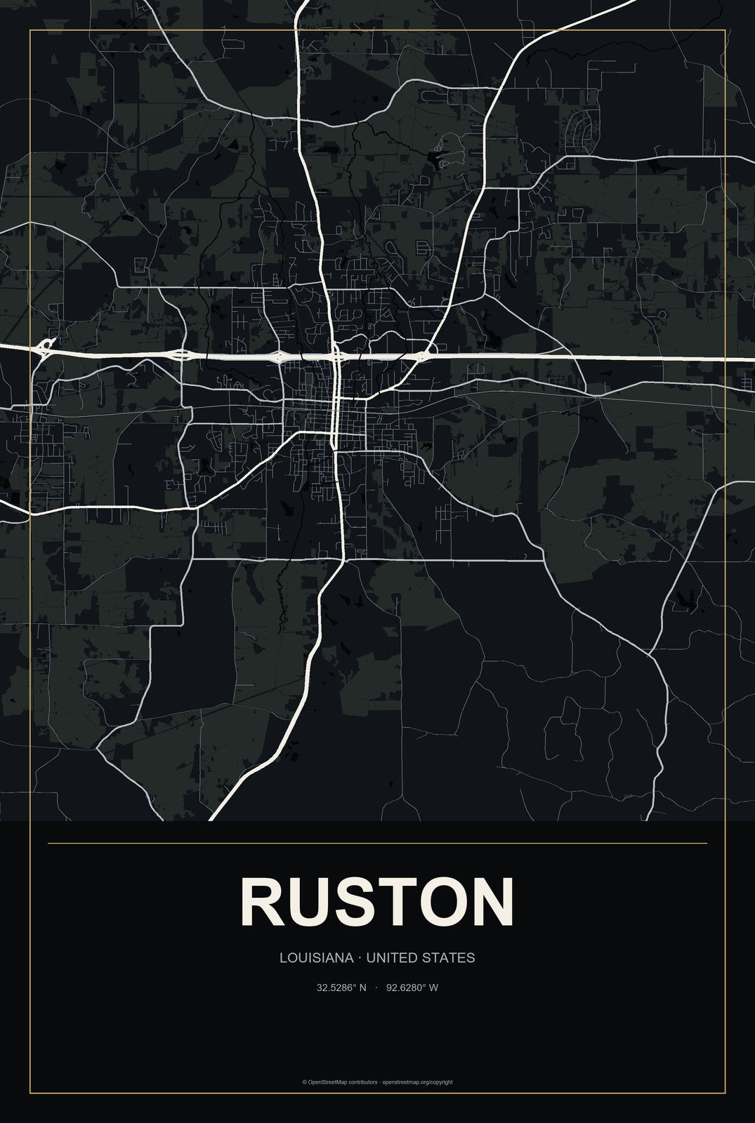 Ruston, Louisiana City Map Aluminum Sign in Metropolitan Noir style