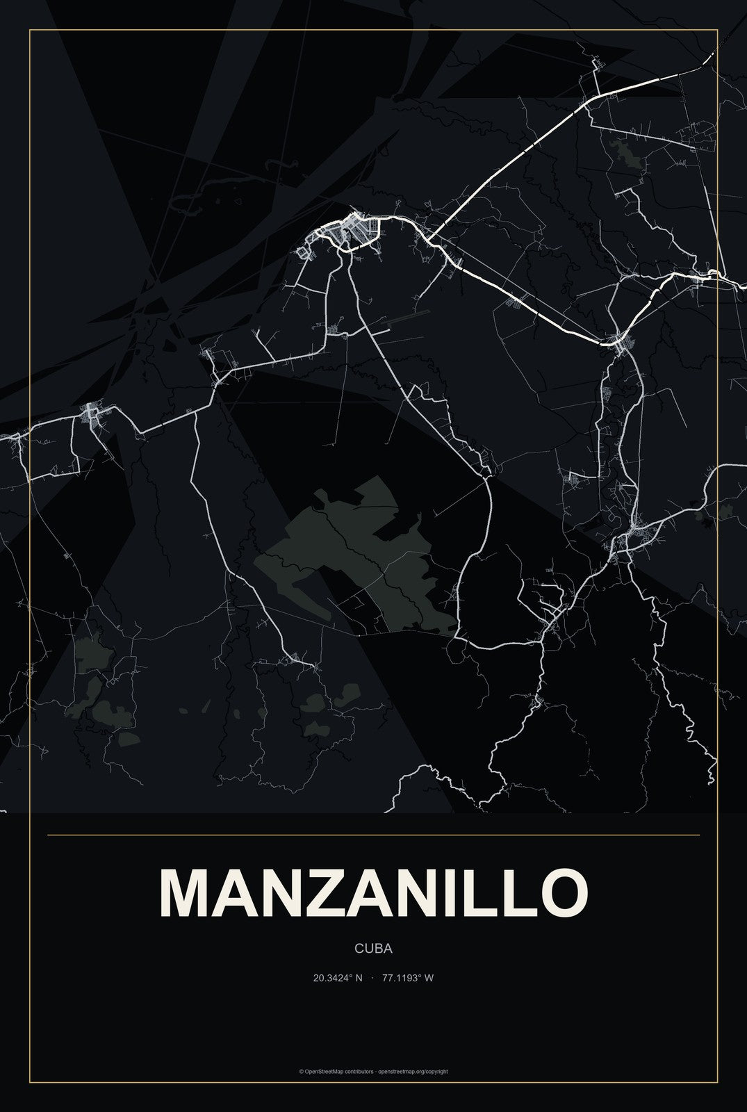 Manzanillo, Cuba City Map Aluminum Sign in Metropolitan Noir style