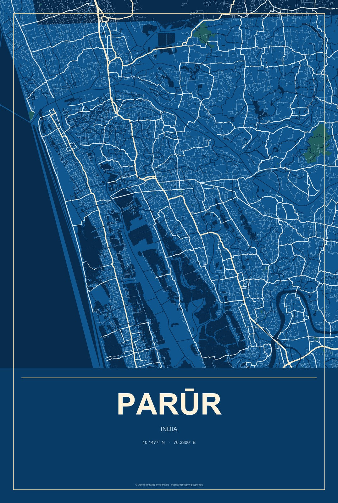 Parūr, India City Map Aluminum Sign in Harbor Cobalt style
