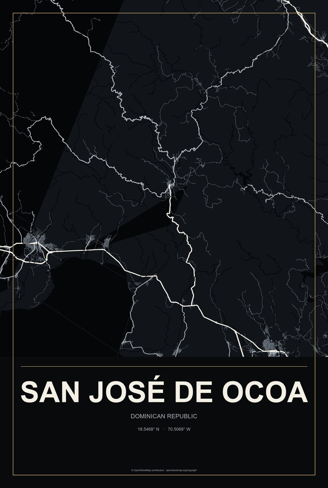 San José de Ocoa, Dominican Republic City Map Aluminum Sign in Metropolitan Noir style