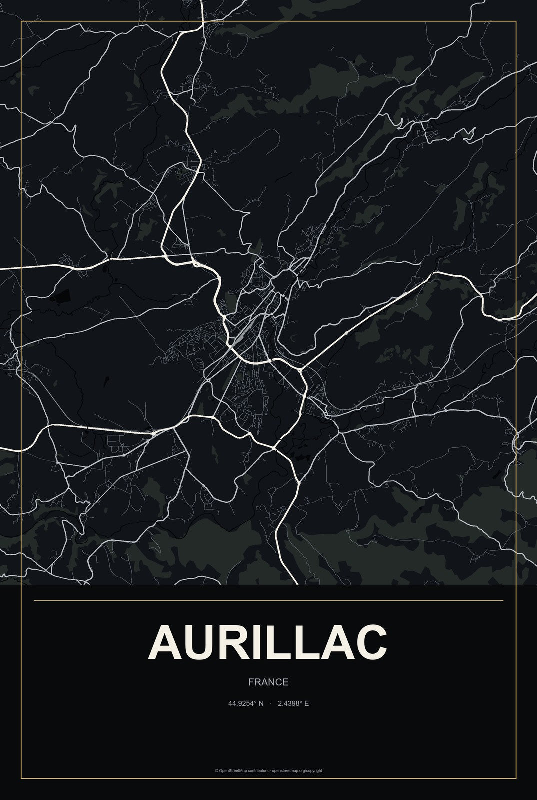 Aurillac, France City Map Aluminum Sign in Metropolitan Noir style